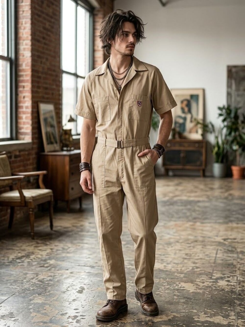 Vintage Tom Cat Mens Jumpsuit Medium Coveralls Tan Belted Short Sleeve Work